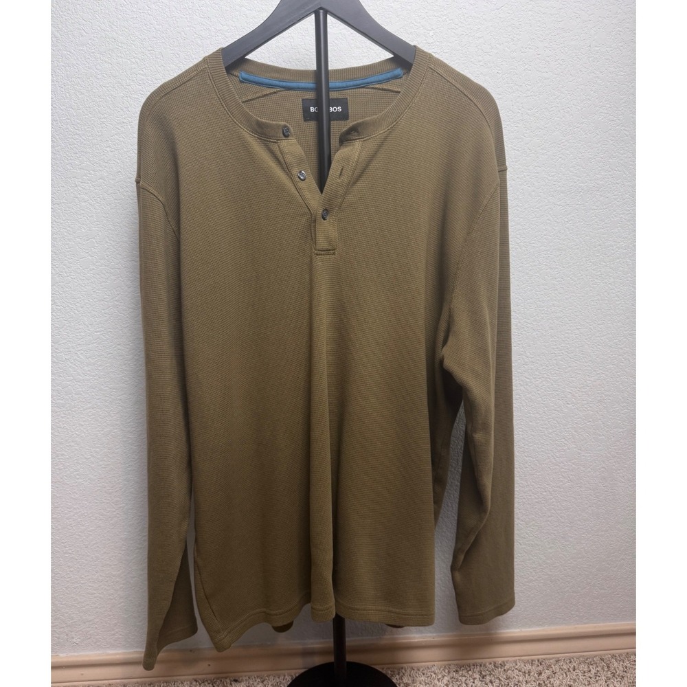 Bonobos Mens XL Waffle Knit Henley Shirt Long Sleeve Cotton Olive Green Thermal